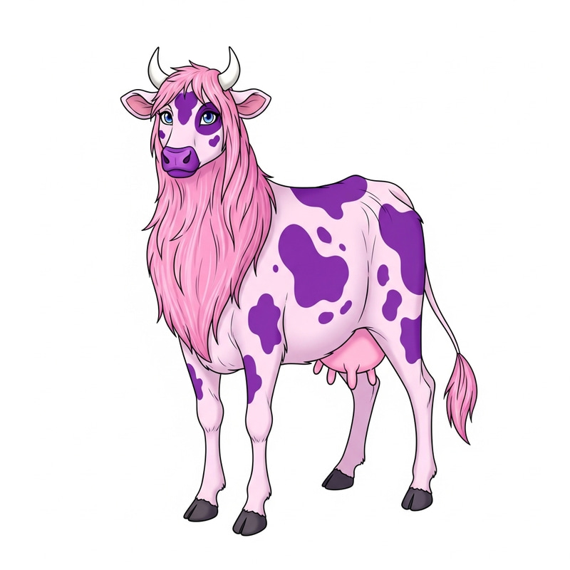 Small White-Horned Cow with Pink Fur and Purple Spots