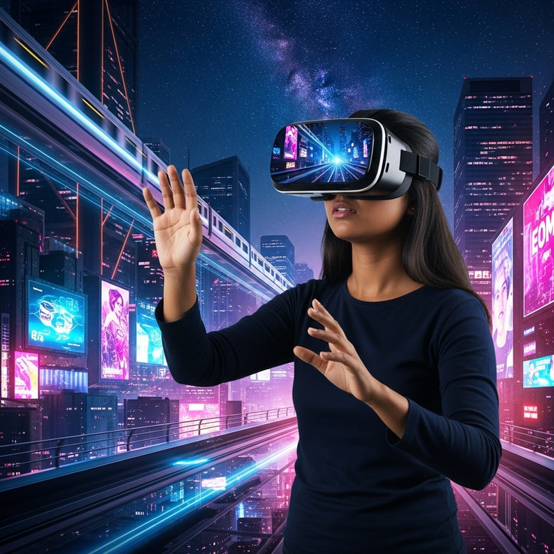 Immerse in Futuristic Cityscape with VR Glasses Immerse in Futuristic Cityscape with VR Glasses