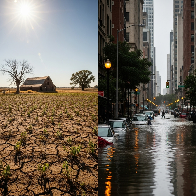 Rural Drought-Affected Farm and Urban Flooded City Street