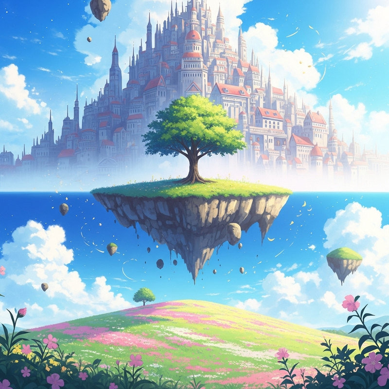 Dreamy Anime Scenery: Tree on Floating Island Dreamy Anime Scenery: Tree on Floating Island