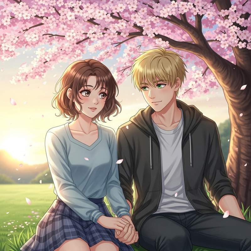 Enchanting Sunset Moment with Two Teens under Cherry Blossom Tree Enchanting Sunset Moment with Two Teens under Cherry Blossom Tree