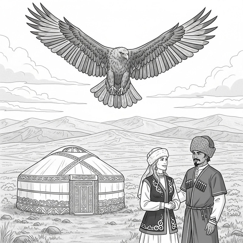 Monochrome Drawing of Tranquil Scene with Yurt and Steppe Eagle Monochrome Drawing of Tranquil Scene with Yurt and Steppe Eagle