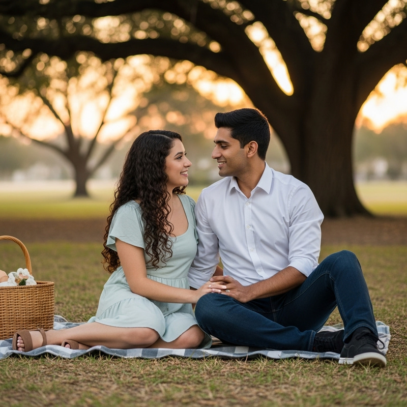 Romantic Park Scene: Young Hispanic Woman & South Asian Man in Love Romantic Park Scene: Young Hispanic Woman & South Asian Man in Love