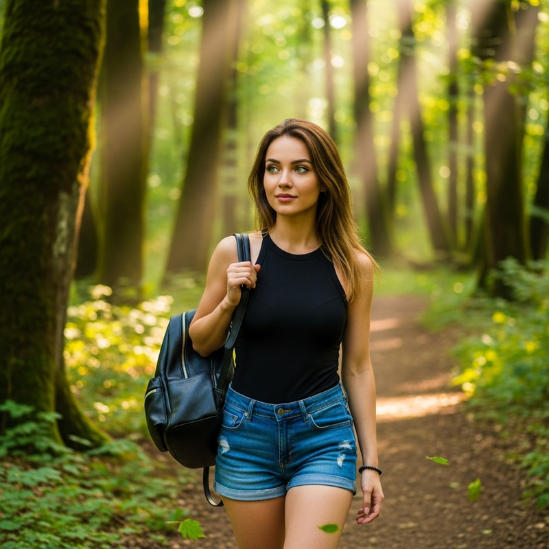 Girl with Green Eyes and Light Brown Hair in Forest Wearing Black Tank Top and Blue Denim Shorts