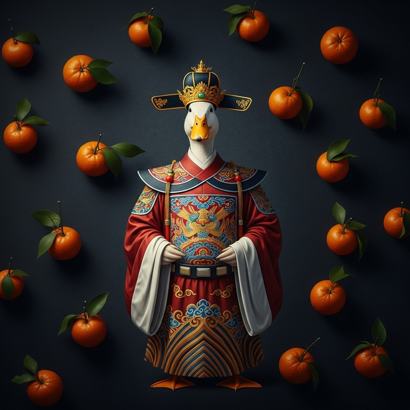 Regal Duck in Chinese Emperor Costume with Vibrant Tangerines Regal Duck in Chinese Emperor Costume with Vibrant Tangerines