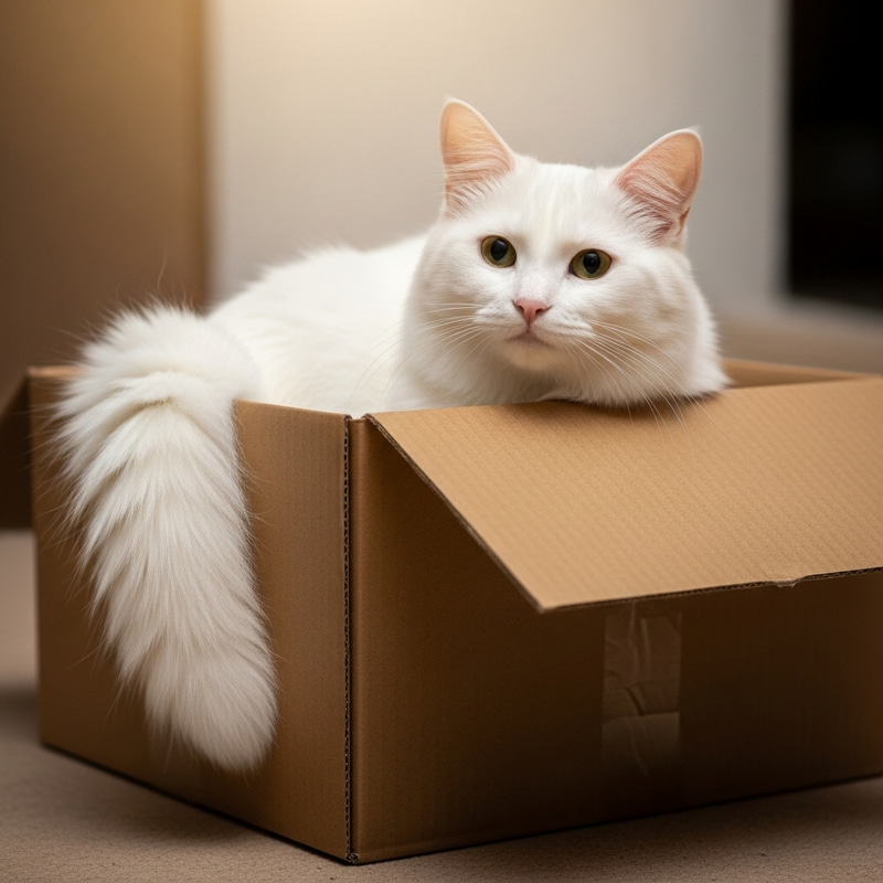 White Fluffy Cat in Cardboard Box - Charming Feline Nestled Comfortably White Fluffy Cat in Cardboard Box - Charming Feline Nestled Comfortably