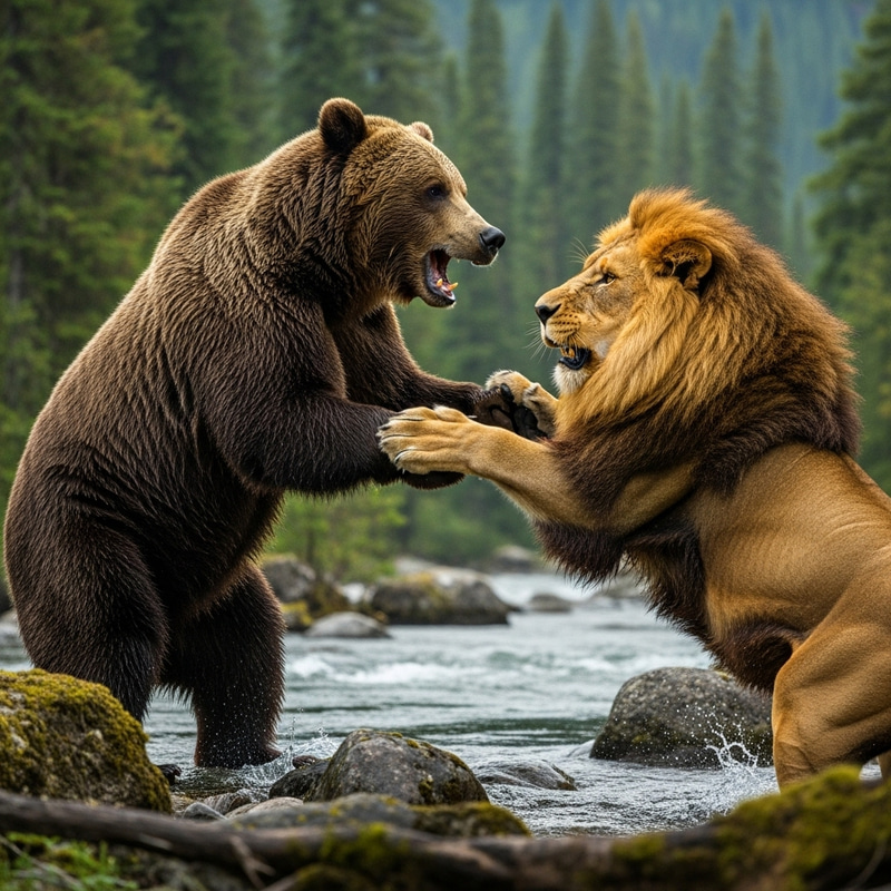 Bear vs Lion: Epic Battle - Wild Scene in Lush Forest Bear vs Lion: Epic Battle - Wild Scene in Lush Forest