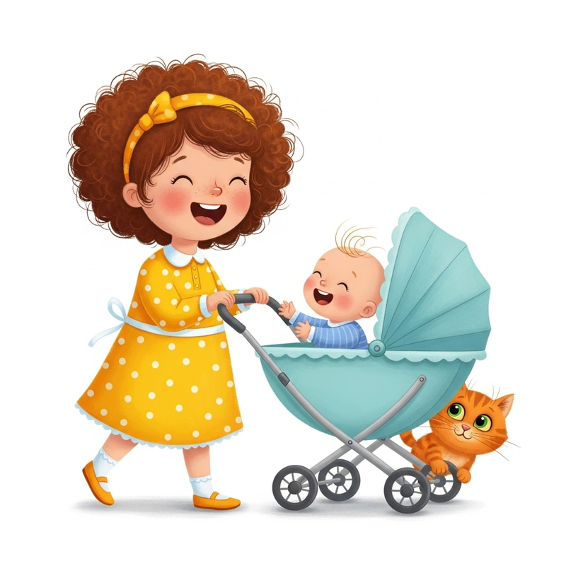 Cute White Play Sister Pushing Stroller with Baby Boy and Cat Cute White Play Sister Pushing Stroller with Baby Boy and Cat