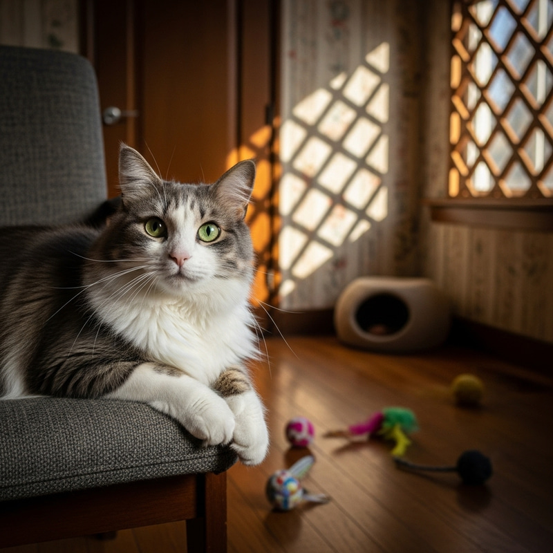 Grey and White Cat lounging on Chair Grey and White Cat lounging on Chair