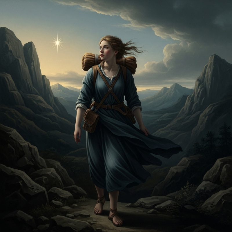 Bedraggled Woman Trekking in Baroque Mountain Scenery Bedraggled Woman Trekking in Baroque Mountain Scenery