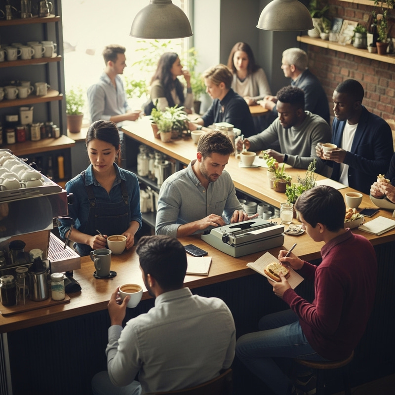 Vibrant Café Scene with Diverse Customers Starwriting
