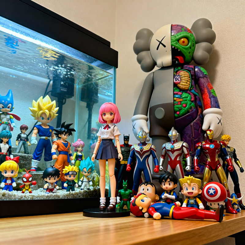 Vibrant Aquarium with Anime Characters & Action Figures Vibrant Aquarium with Anime Characters & Action Figures