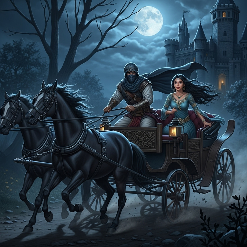 Medieval Gladiator and Princess Escape on Horse Carriage Medieval Gladiator and Princess Escape on Horse Carriage