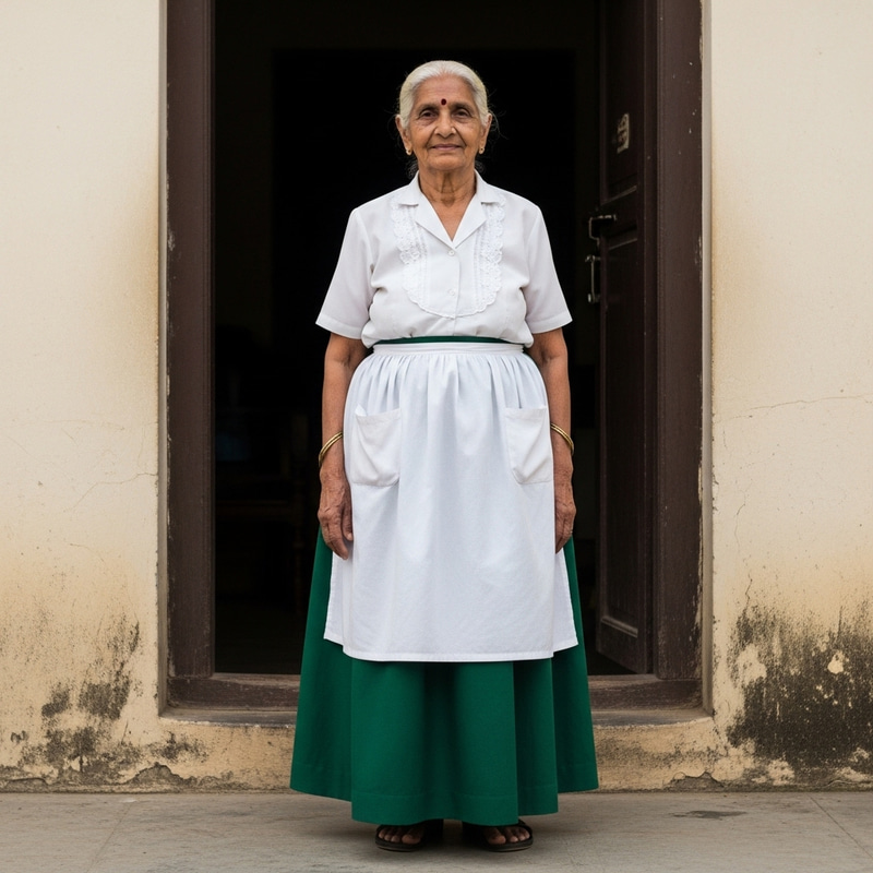 South Asian Grandmother in Green Skirt with White Apron South Asian Grandmother in Green Skirt with White Apron