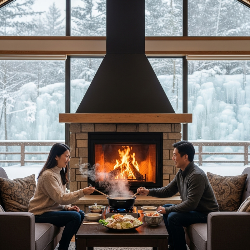 Cozy Winter Guesthouse Living Room with Fireplace and Hot Pot Scene