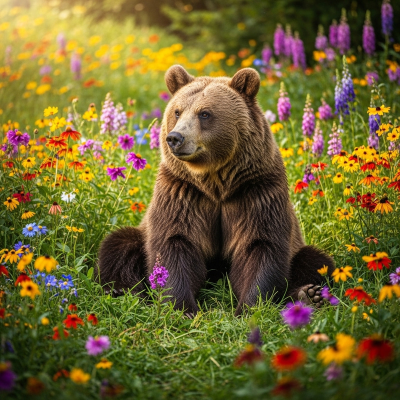 Peaceful Bear in Lush Meadow Surrounded by Vibrant Blooming Flowers Peaceful Bear in Lush Meadow Surrounded by Vibrant Blooming Flowers