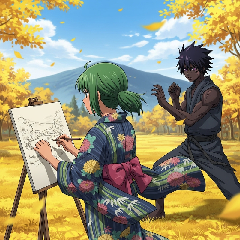 Serene Anime Scene: South Asian Female and Black Male Characters