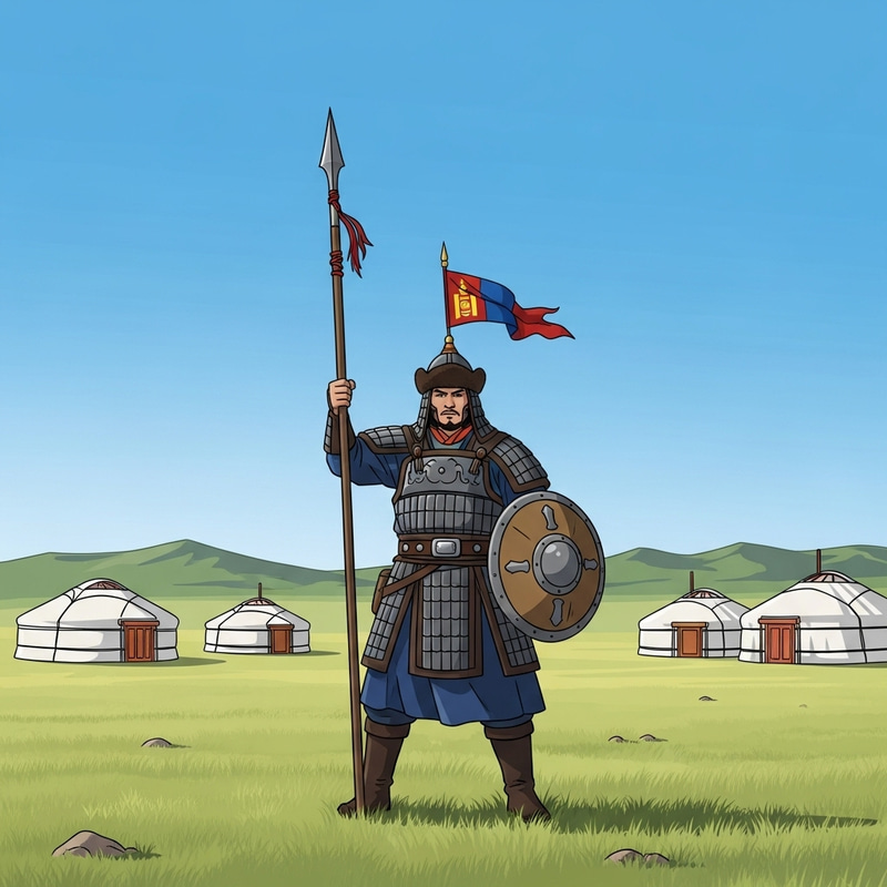 Mongolian Warrior on Steppe: Cartoon Art Mongolian Warrior on Steppe: Cartoon Art