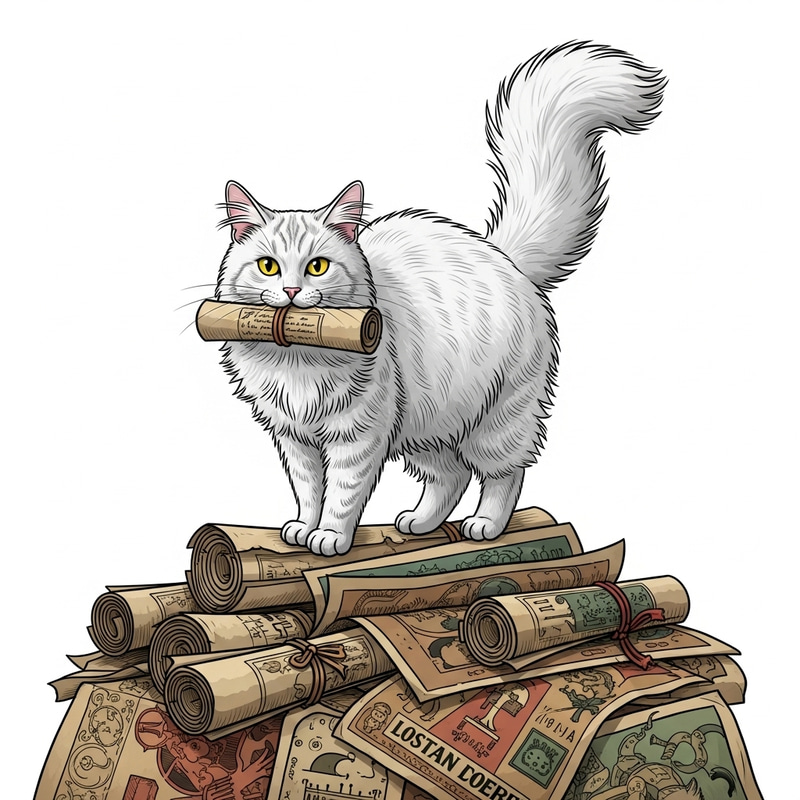 Energetic White Longhair Cat Standing Boldly on Pile of Scrolls Energetic White Longhair Cat Standing Boldly on Pile of Scrolls