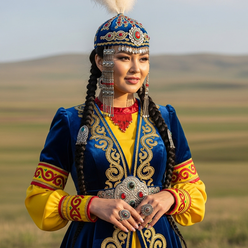 Kazakh Woman in Traditional Outfit with Elegant Neckline Kazakh Woman in Traditional Outfit with Elegant Neckline