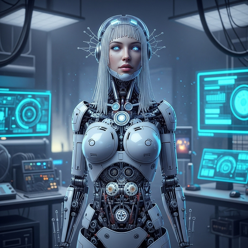 Robotic Woman: Detailed Alloy Body and LED Eyes in Laboratory Setting