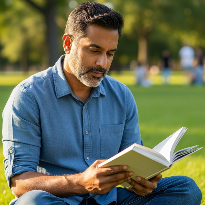 Realistic Portrait of Middle-Aged Man Studying Outdoors Realistic Portrait of Middle-Aged Man Studying Outdoors