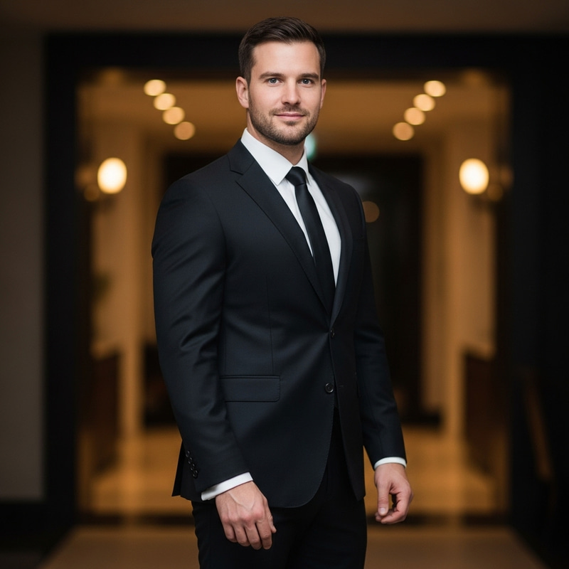 Stylish White Man in Classic Black Suit