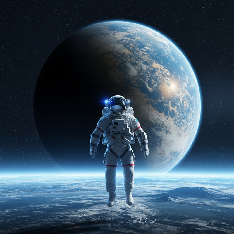 Astronaut Floating in Great Expanse of Space Near Unfamiliar Planet