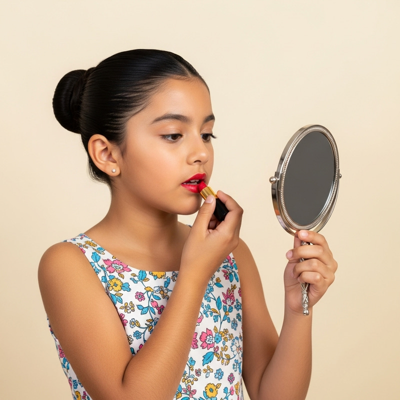 Artistic Girl Applying Classic Red Lipstick