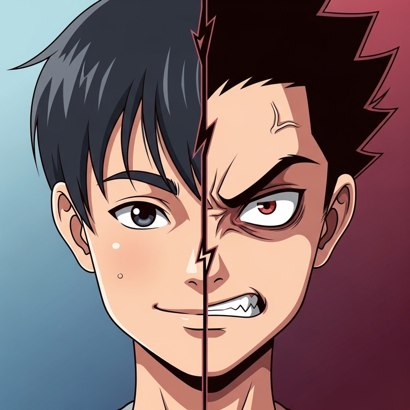 Anime Boy Face - Scary and Normal Half in Vector Style Anime Boy Face - Scary and Normal Half in Vector Style