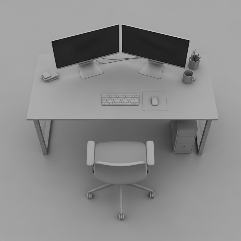 Black and White Workspace Setup with Two Monitors - Top View