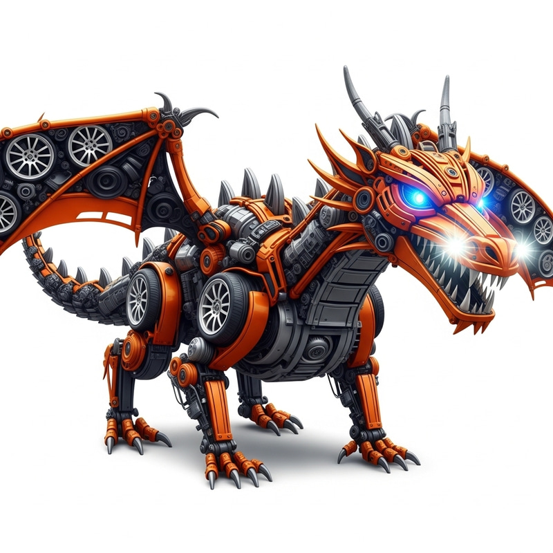 Realistic Orange Dragon Car Parts with Glowing Blue Eyes