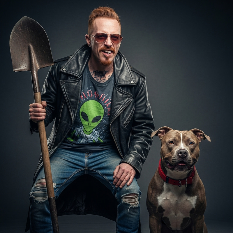 Crazy Angry Red-Haired Addict Man in Sunglasses with Shovel and Pit Bull Crazy Angry Red-Haired Addict Man in Sunglasses with Shovel and Pit Bull