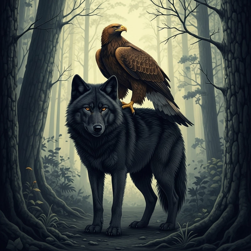 Black Wolf and Golden Eagle in Forest - Power Animals Black Wolf and Golden Eagle in Forest - Power Animals