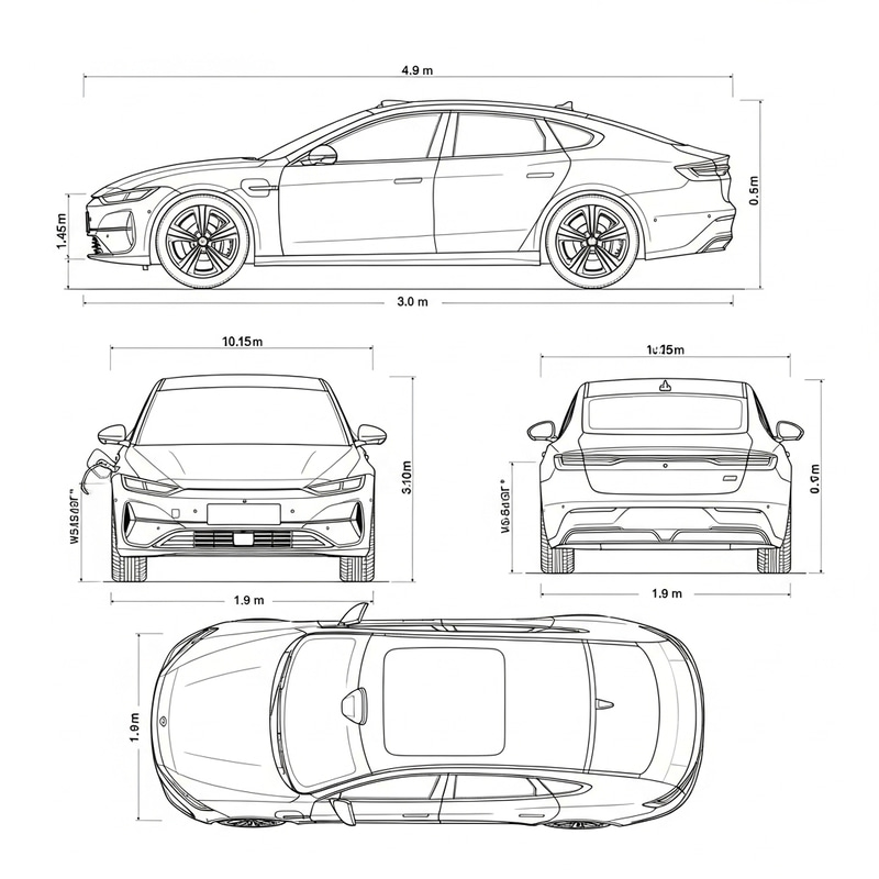 Electric Sedan Blueprint: Side, Front, Back & Top Views Electric Sedan Blueprint: Side, Front, Back & Top Views
