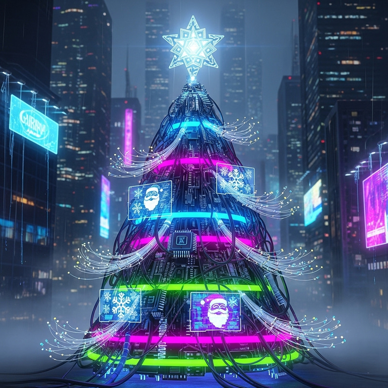 Neon Cyberpunk Christmas Tree: Digital Sci-Fi Holiday Decor Neon Cyberpunk Christmas Tree: Digital Sci-Fi Holiday Decor