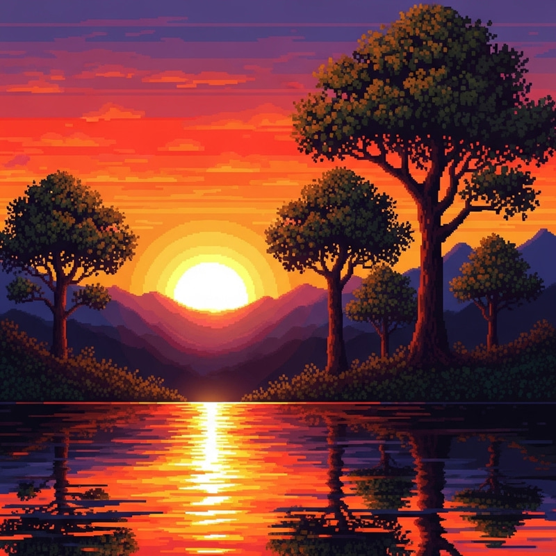Pixel Art Sunset Landscape Scene