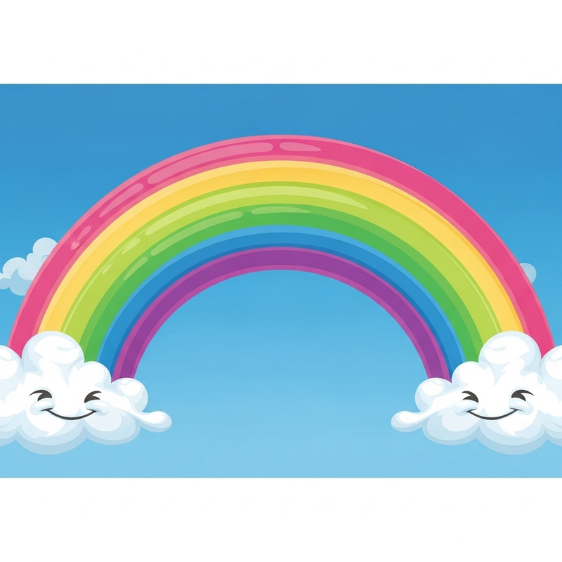 Colorful Green-Pink Cartoon Rainbow with Fluffy Clouds