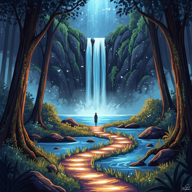 Mystical Forest with Glowing Pathway to Waterfall Mystical Forest with Glowing Pathway to Waterfall