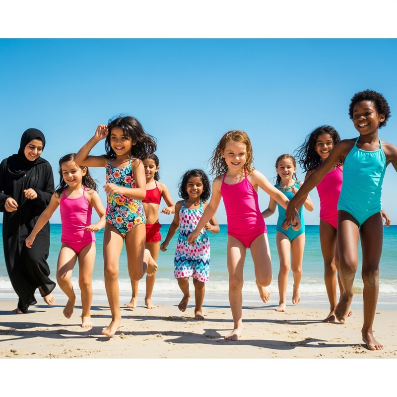 Joyful Little Girls Beach Fun | Colorful Swimsuits Vintage Vibes Joyful Little Girls Beach Fun | Colorful Swimsuits Vintage Vibes