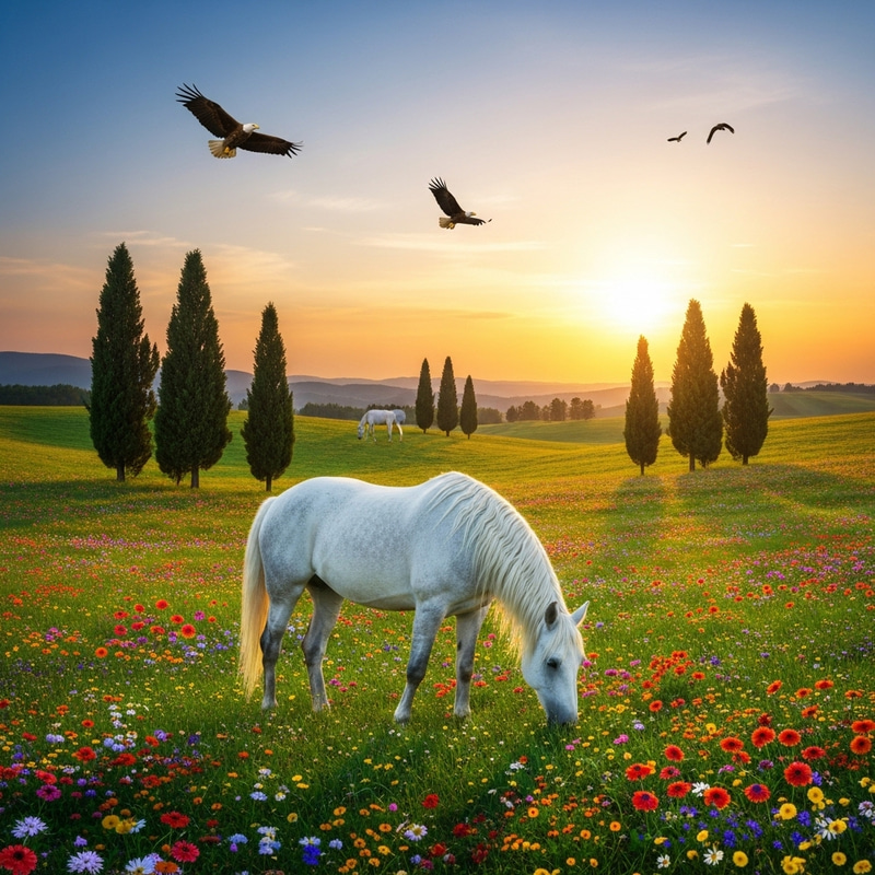 Idyllic Meadow with Flowers, Majestic Horse, and Soaring Eagles Idyllic Meadow with Flowers, Majestic Horse, and Soaring Eagles