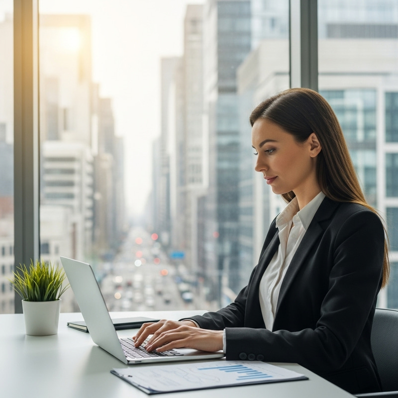 Female Consultant Typing on Macbook Pro in Urban Office Environment Female Consultant Typing on Macbook Pro in Urban Office Environment