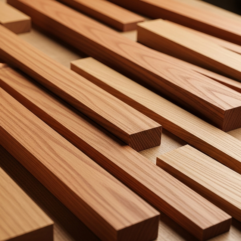 Red Oak and Oak Planks Stacked on Table
