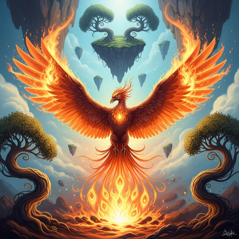 Majestic Phoenix Soaring in Dreamlike Landscape | Fiery Fantasy Art