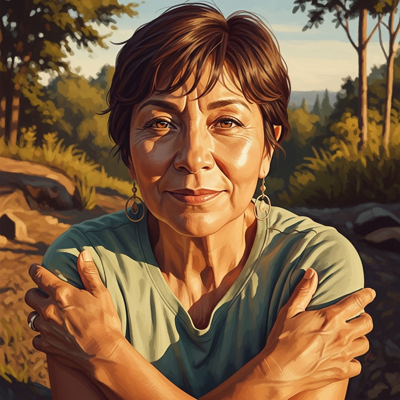 Natural and Relaxed Woman with Soft Brown Hair and Honey-Colored Eyes