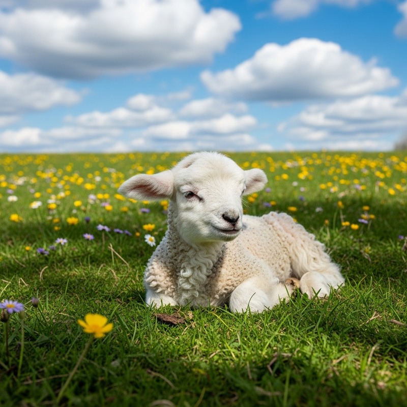 Peaceful Sleeping Baby Lamb in Enchanting Pastoral Scene Peaceful Sleeping Baby Lamb in Enchanting Pastoral Scene