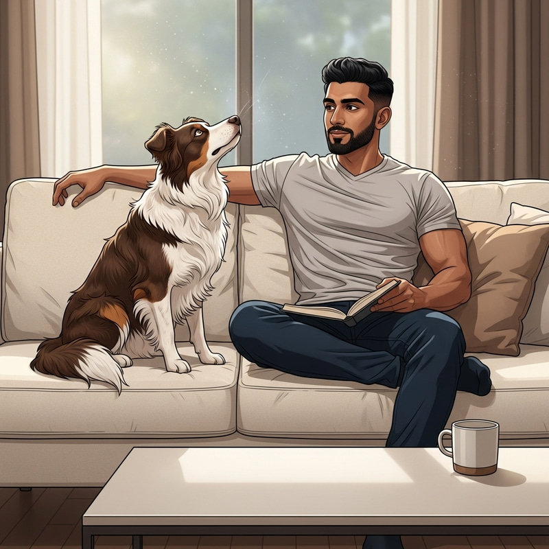 Man sitting with dog on sofa