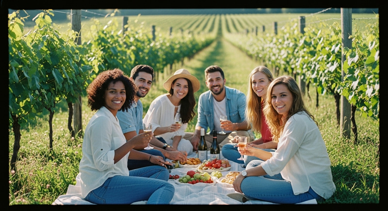 Impressionist Picnic in Verdant Vineyard - Vibrant Gathering Impressionist Picnic in Verdant Vineyard - Vibrant Gathering