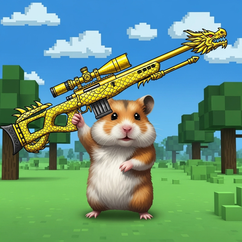 Hamster AWP Dragon Lore Pose in Vintage Video Game Scene Hamster AWP Dragon Lore Pose in Vintage Video Game Scene