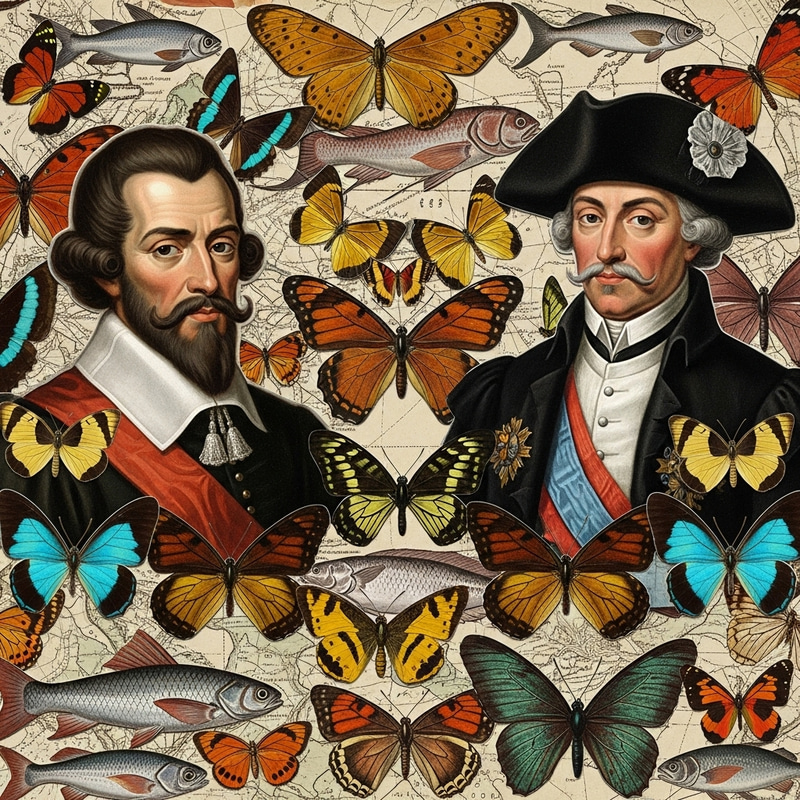 Collage of Butterflies, Fish, and Historical Explorers Collage of Butterflies, Fish, and Historical Explorers